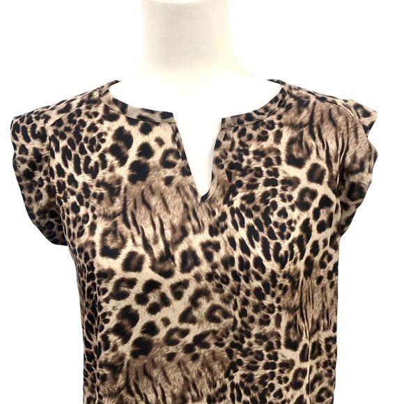 Pleione Brown Cream Leopard Print Notched V-Neck Cap Sleeve Hi-Lo Blouse - Picture 2 of 8